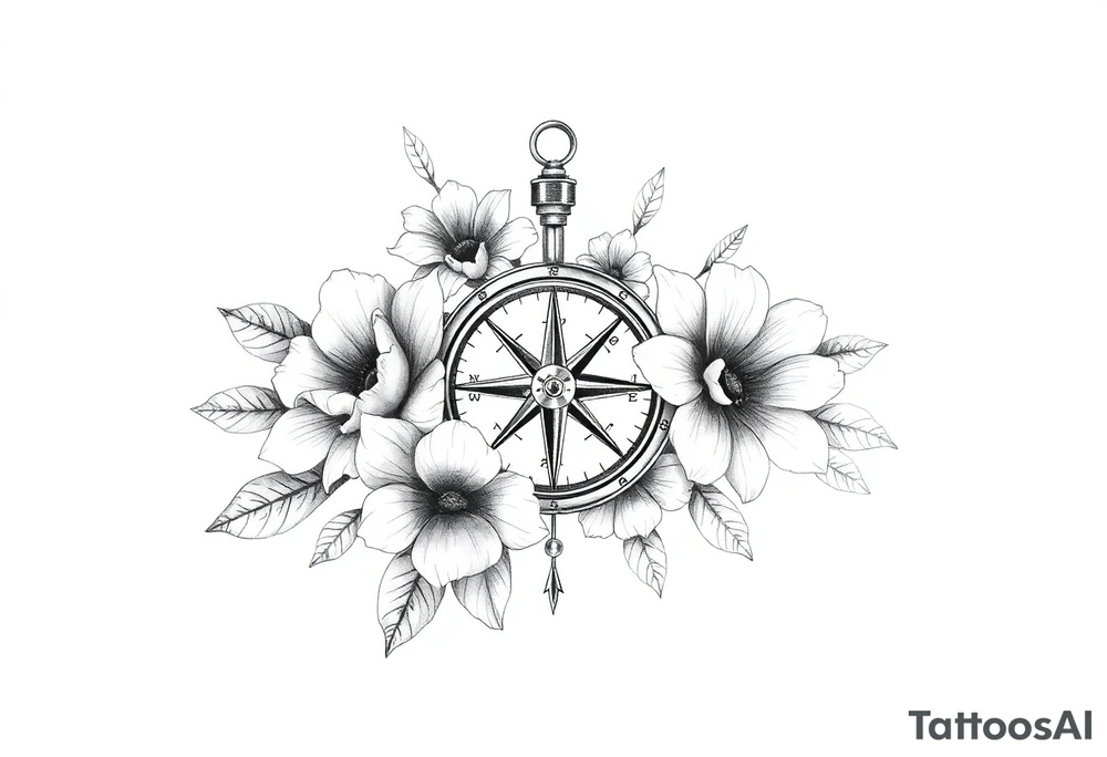 Flowers and compass tattoo idea