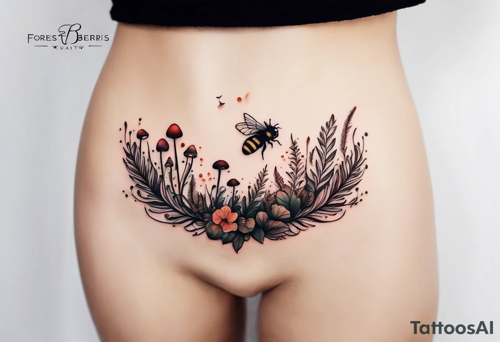 forest floor inspired minimalist tattoo, which includes grass, curly ferns, moss and dead leaves as the bulk of the tattoo. details to include: forest berries, a tiny bumblebee flying nearby, three small brown mushrooms
Generate a vertically long one tattoo idea