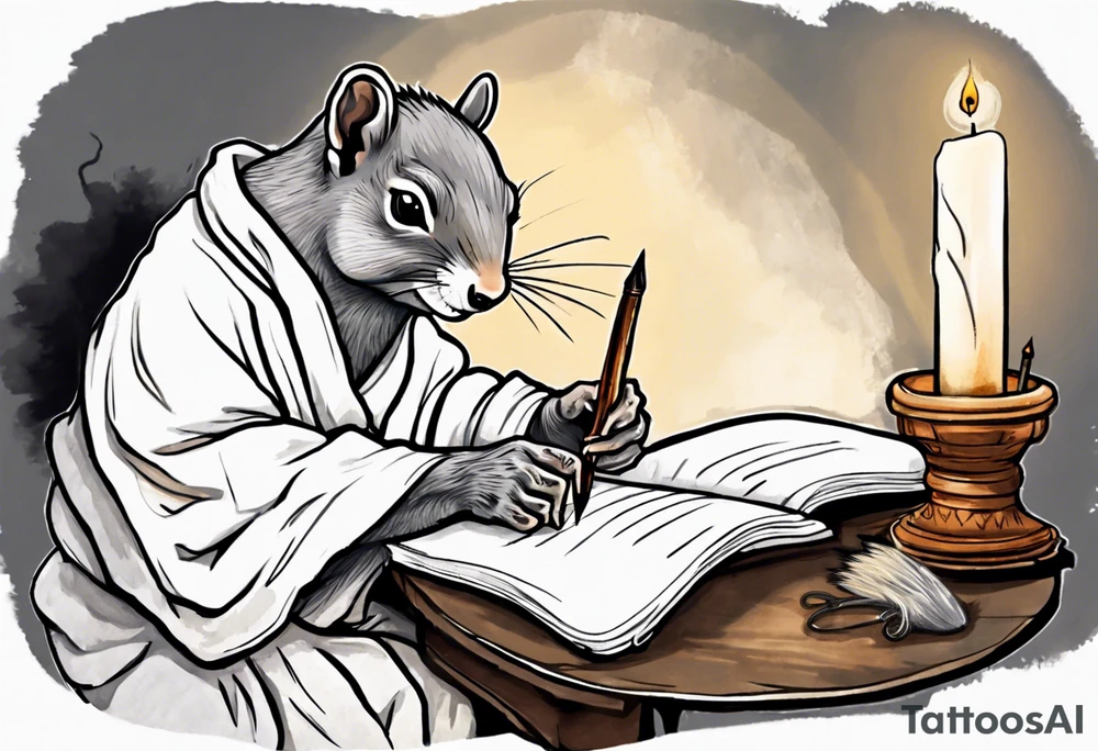 an elderly grey squirrel dressed in a monk robe sitting at a desk in the dark holding a quill writing by candlelight tattoo idea
