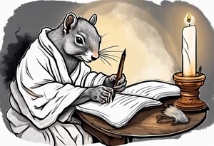 an elderly grey squirrel dressed in a monk robe sitting at a desk in the dark holding a quill writing by candlelight tattoo idea