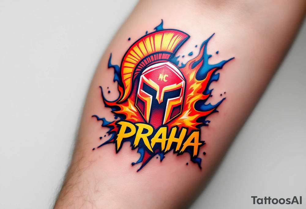 A bold red and yellow HC Sparta PRAHA logo blazing across a muscular forearm with icy blue shading. tattoo idea