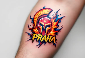 A bold red and yellow HC Sparta PRAHA logo blazing across a muscular forearm with icy blue shading. tattoo idea