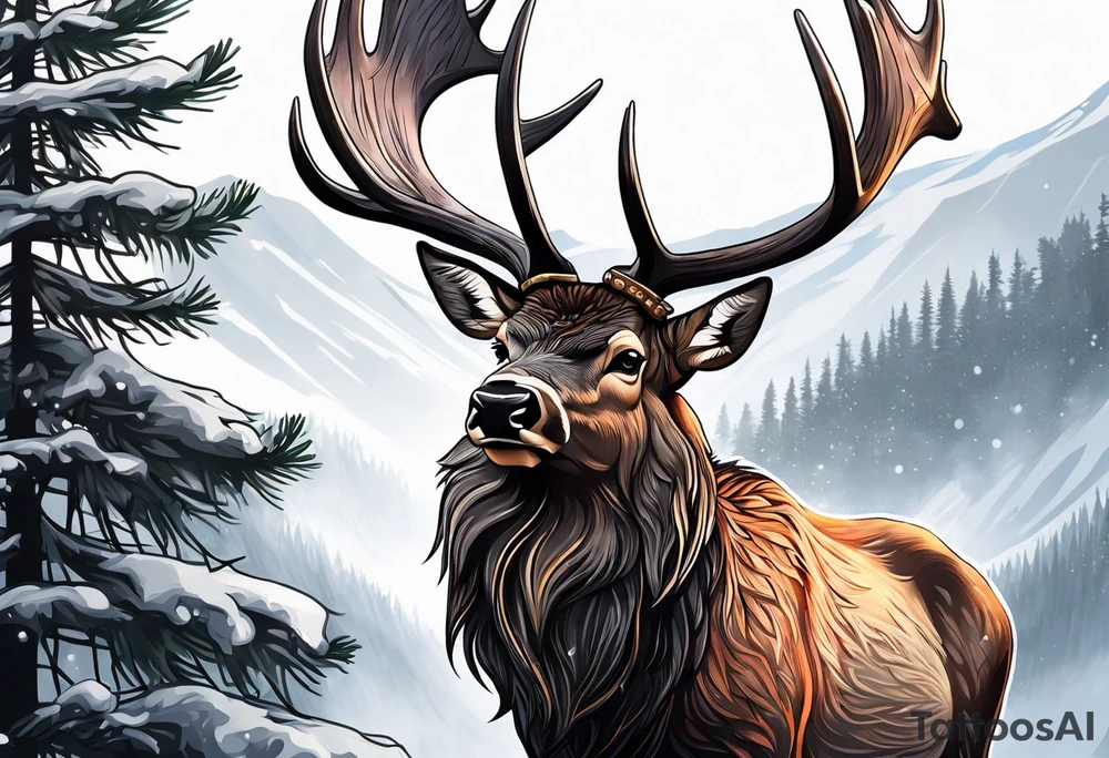 arm sleeve pine tree moutain elk tattoo idea