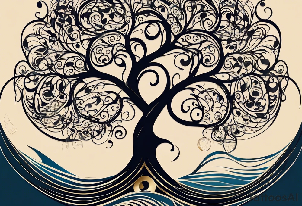 A tattoo design that incorporates the following elements: an abstract tree of life that has roots emerging  from the ground. Waves of water encapsulate the tree and wind around it in an organic way.  Incorporate music.   the letters U and A are overlapping and engraved into the tree. a golf ball incorporated but not prominent. tattoo idea