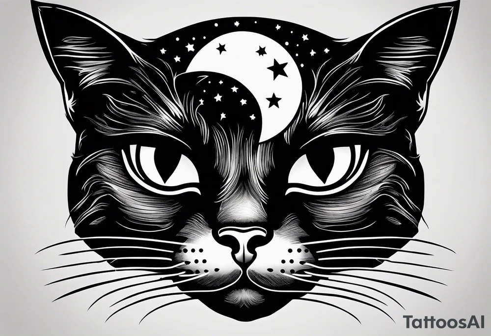 Photo realistic black cat head with moon and stars tattoo idea