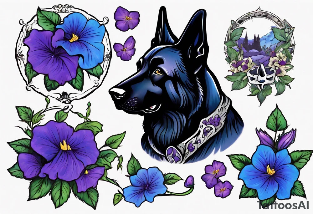 Black German shepherd face surrounded by blue and purple morning glories tattoo idea