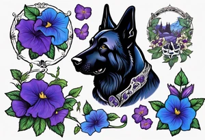 Black German shepherd face surrounded by blue and purple morning glories tattoo idea