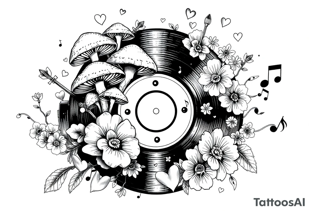vinyl record with mushrooms, flowers, hearts, and music notes tattoo idea