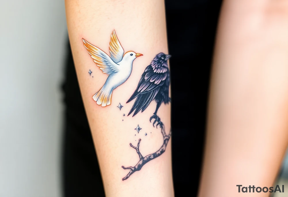 A pure white dove, soaring with soft golden light in its wings, is sharply contrasted with a black raven, its feathers shimmering in deep purples and blacks, perched ominously on a gnarled branch, symbolizing the tension between peace and darkness. tattoo idea