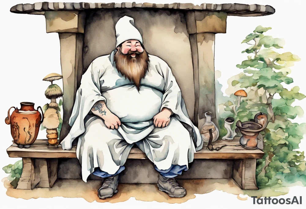 fat man with a long beard but no eyes or nose wearing a mushroom hat and medieval tunic sitting on a bench by a fireplace drinking from a wood cup, laughing tattoo idea