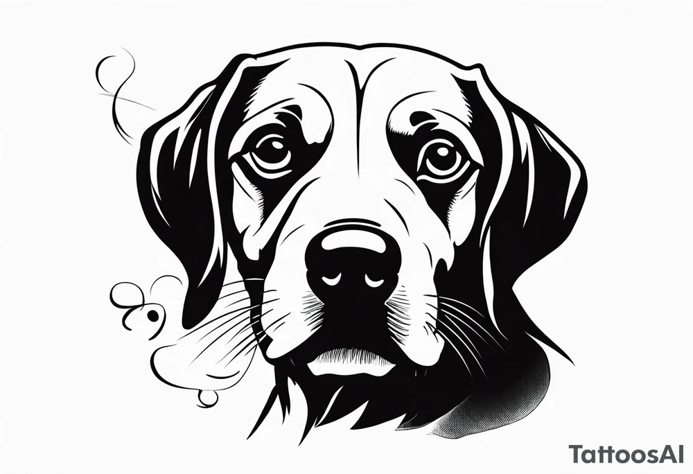 A black and white sketch of a cute dog with large, sad eyes, sitting and smoking a cigarette, with smoke swirling around its head tattoo idea