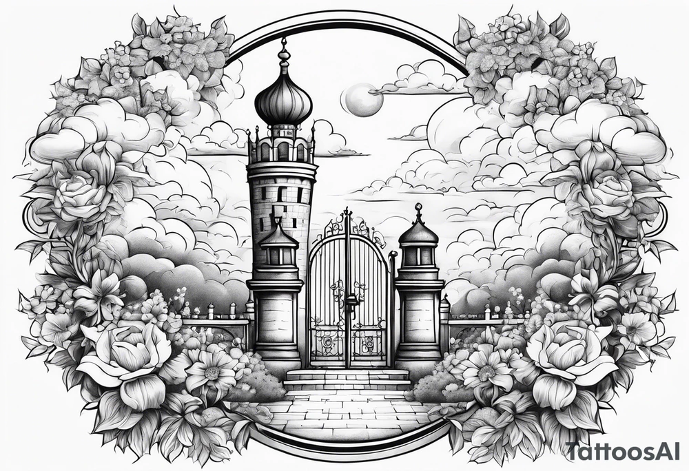 heaven town with tower houses gate entrance
in circle vignette surrounded by clouds flowers tattoo idea