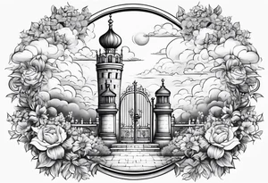 heaven town with tower houses gate entrance 
 in circle vignette surrounded by clouds flowers tattoo idea
