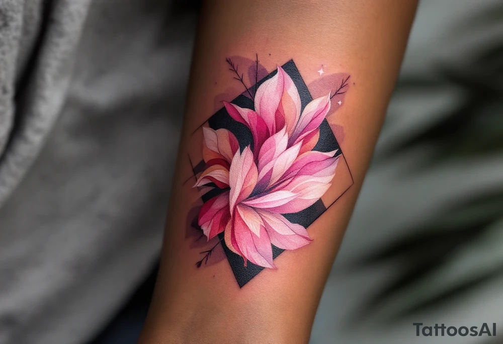 Pink ink lettering on darker skin, glowing subtly like chalk on a blackboard, surrounded by geometric shapes. tattoo idea