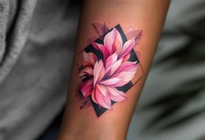 Pink ink lettering on darker skin, glowing subtly like chalk on a blackboard, surrounded by geometric shapes. tattoo idea