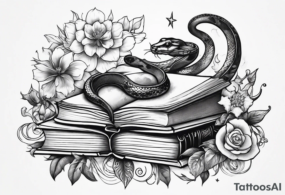 snake, books, stars and poisonous flowers tattoo idea