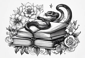 snake, books, stars and poisonous flowers tattoo idea