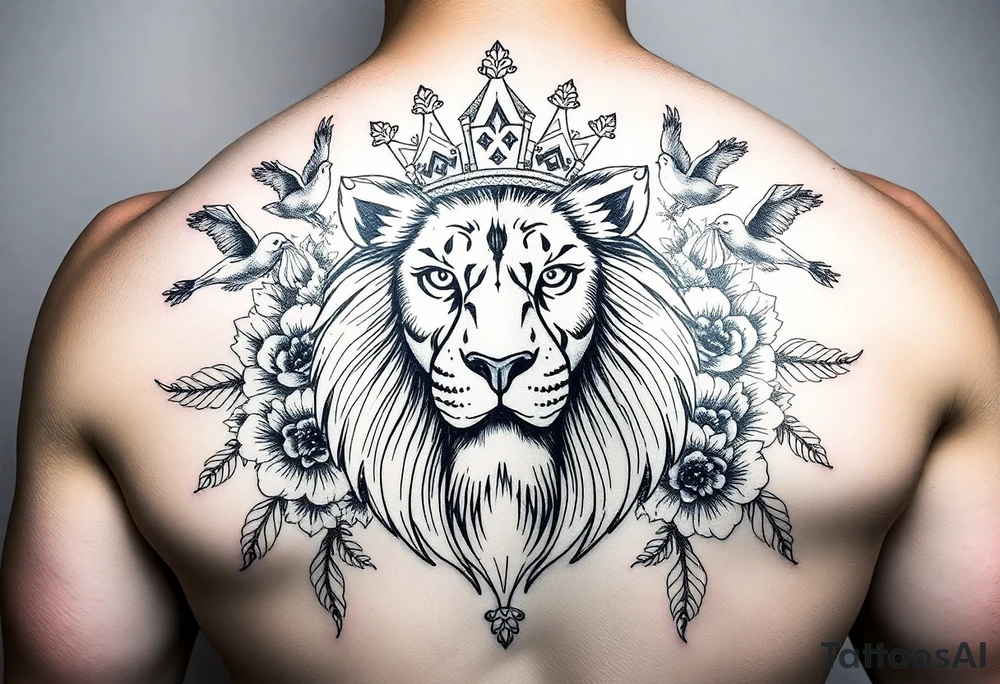 powerful majestic lion with a crown, surrounded by floral ornaments and birds tattoo idea