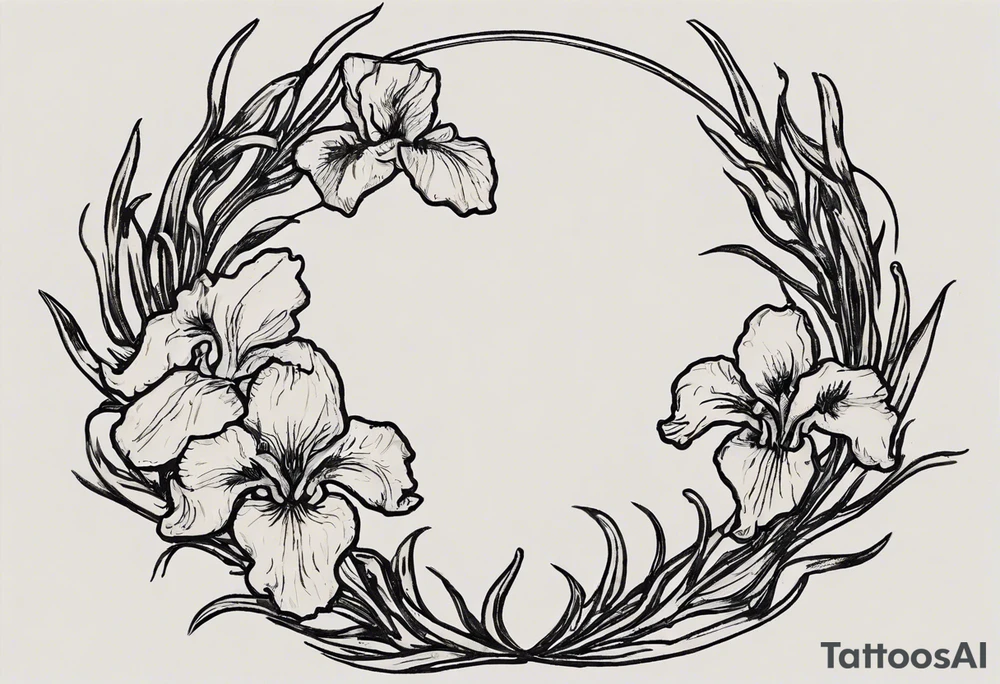 Create a small Vincent van Gogh Irises tattoo. The tattoo should take the form of a crescent, with vines gracefully intertwining at a central point in the middle of the wreath. Ensure that the design avoids the appearance of a bush and maintains a more structured and deliberate arrangement. The intended placement is on the upper chest. The overall design should be small in size while maintaining a delicate and artistic aesthetic. Pay attention to the graceful flow of the vines and the placement of the irises to achieve a refined and elegant look. tattoo idea