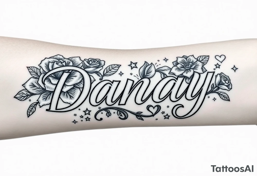 the name Danay, with a background with roses,hearts,sparkles, and other cool stuff that fills up the whole forearm tattoo idea