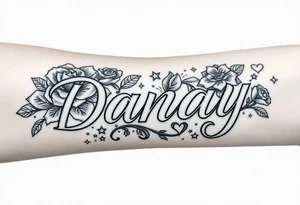 the name Danay, with a background with roses,hearts,sparkles, and other cool stuff that fills up the whole forearm tattoo idea