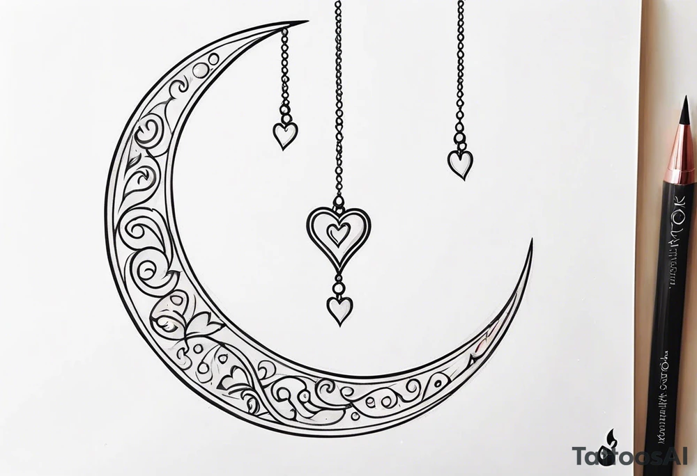 Crescent moon with heart shaped jewels dangling from the bottom of it tattoo idea