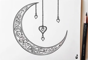 Crescent moon with heart shaped jewels dangling from the bottom of it tattoo idea