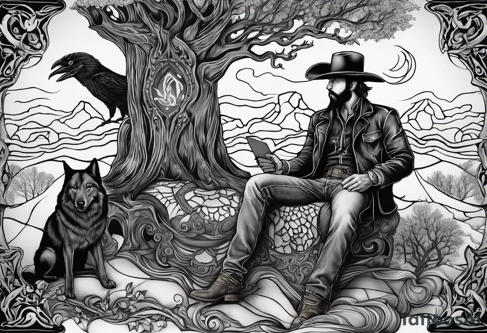 ghostly cowboy sitting in front of a fire with the tree of life behind him and a wolf and a raven tattoo idea