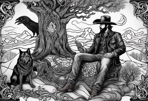 ghostly cowboy sitting in front of a fire with the tree of life behind him and a wolf and a raven tattoo idea