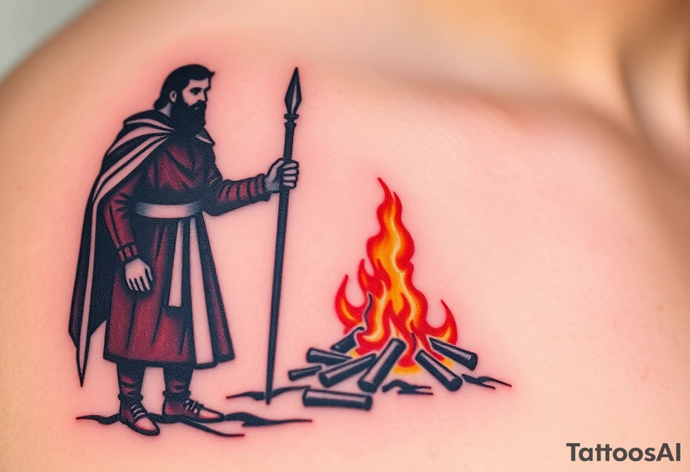 A silhouette of Jan Hus standing next to a bonfire, with fiery orange and red shades tattoo idea