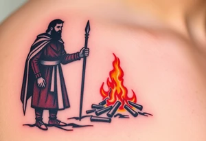 A silhouette of Jan Hus standing next to a bonfire, with fiery orange and red shades tattoo idea