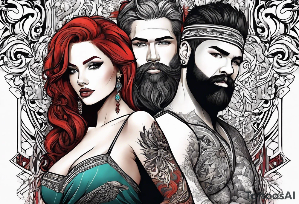 Busty red haired woman with a bearded man who has black hair tattoo idea