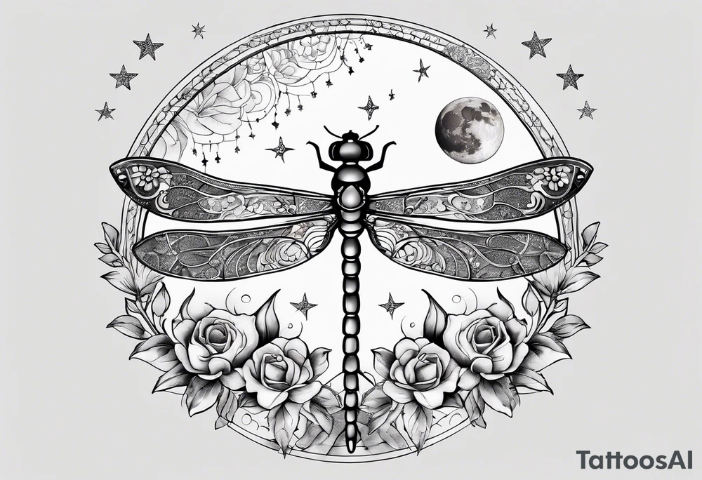 Floral moon phases with dragonfly and chain with stars in a line tattoo idea