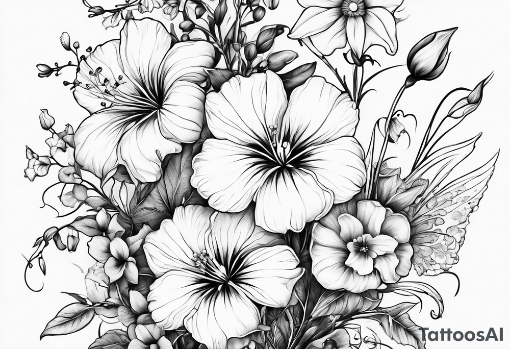 a vertical flower bouquet including sweet pea, larkspur, morning glory and cosmos tattoo idea