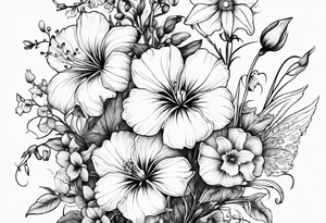 a vertical flower bouquet including sweet pea, larkspur, morning glory and cosmos tattoo idea