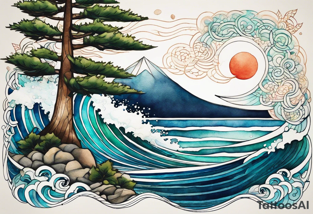 Spruce tree. Ocean waves incorporated.  The words “salt air” integrated into the design.  Geometric and abstract watercolor. tattoo idea