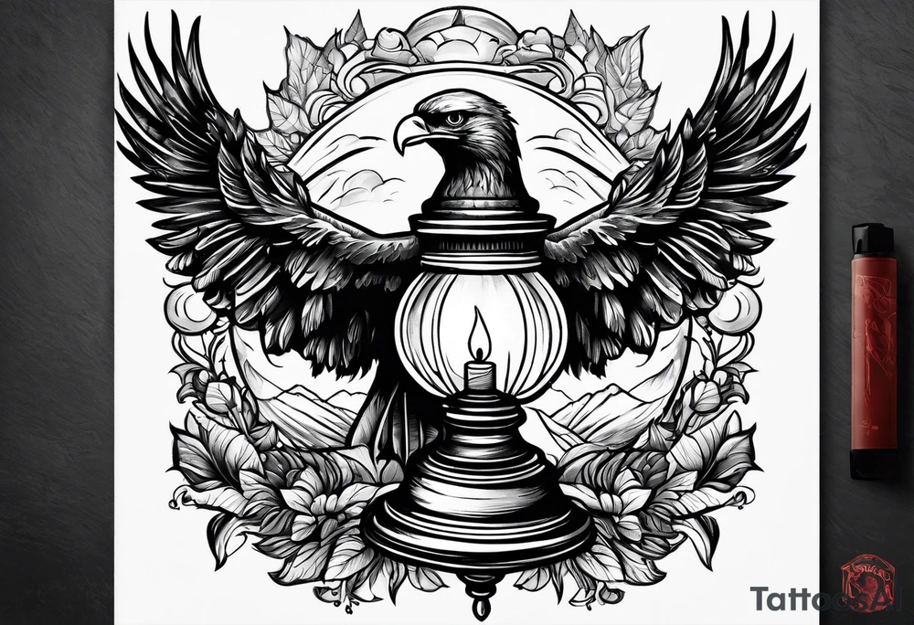 Oil lamp with an eagle next to it tattoo idea