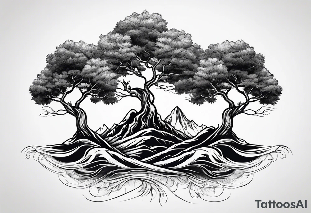 Three mountains three trees with roots tattoo idea