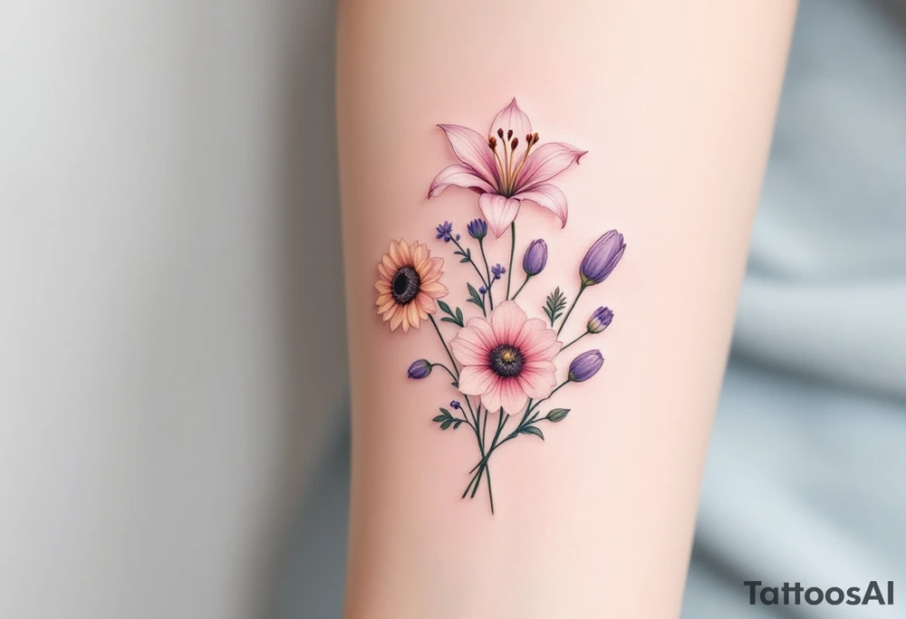 stargazer lillies in light pink with small sunflowers and poppies and purple tulip buds in a dainty wildflower bouquet with stems tattoo idea