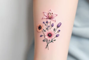 stargazer lillies in light pink with small sunflowers and poppies and purple tulip buds in a dainty wildflower bouquet with stems tattoo idea