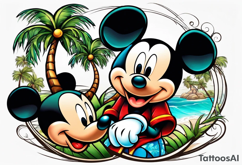 mickey mouse holding sticks with palm trees tattoo idea