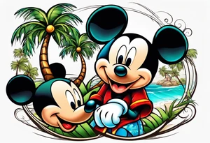 mickey mouse holding sticks with palm trees tattoo idea