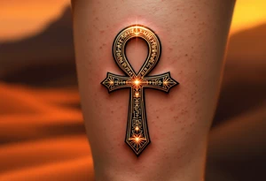 A golden Ankh with intricate hieroglyphs engraved, glowing under a warm desert sunset, symbolizing divine energy. tattoo idea