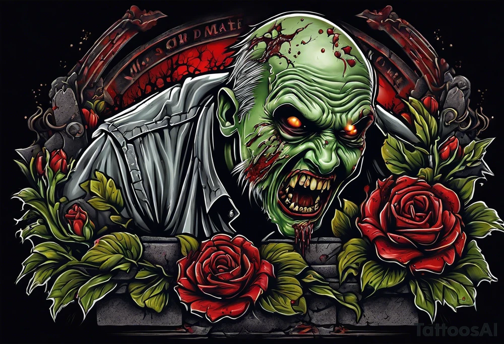 Zombie crawling out of grave. 
MIW Reincarnate written on gravestone tattoo idea