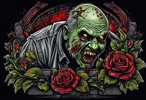 Zombie crawling out of grave. 
MIW Reincarnate written on gravestone tattoo idea