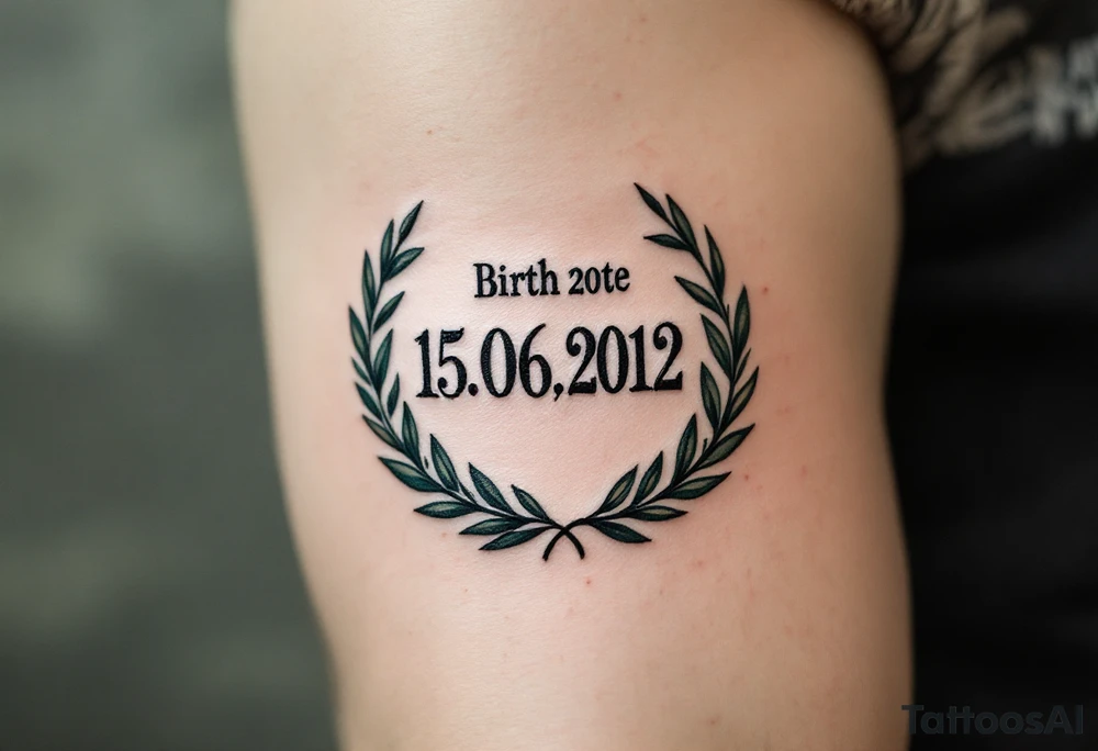 Birth date "15.06.2012" in typewriter font encased in a dusty green laurel wreath. tattoo idea