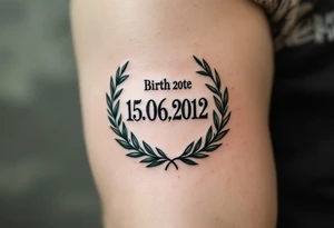 Birth date "15.06.2012" in typewriter font encased in a dusty green laurel wreath. tattoo idea