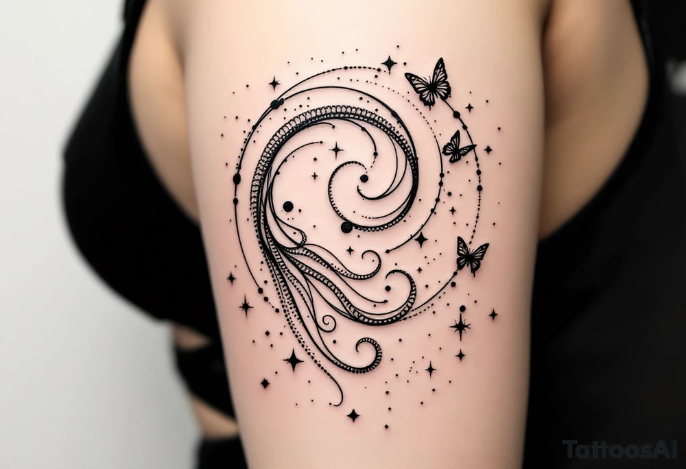 A minimalist dotwork tattoo design in the shape of a spiral galaxy. In the center, a small octopus is subtly integrated into the swirl, with flowing tentacles that extend along the spiral arms. The tentacles transform into elegant, curving lines resembling the flowing tails of koi or betta fish, partially in black ink and partially in fine red lines. Small stars are scattered throughout the galaxy shape, and two delicate butterflies hover near the edges. Style: cosmic abstraction, dotwork, fine line, with elements of Japanese graphic tattoo flow, minimalist, octopus psychedelic dotwork sacred geometry sleeve tattoo idea