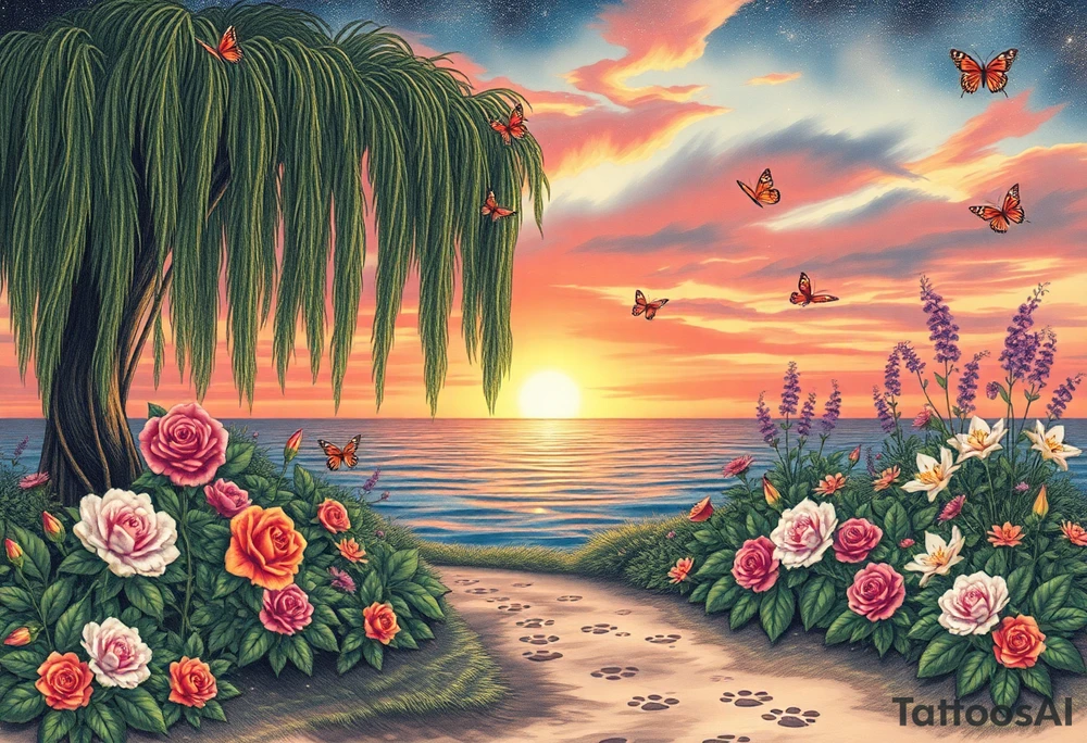 Sunset galaxy. Ocean.  weeping willow garden with roses and lilies flower beds, fairies, mermiads, dragons butterflies,  cat paw prints path in dirt. tattoo idea