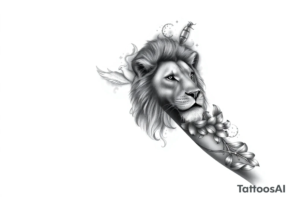 A full sleeve tattoo in black and grey realism, with a majestic lion’s face as the main focal point on the outer forearm. A subtle, ethereal phoenix rising through smoke and ash blends upward toward the upper arm. The background fades into a dreamy night sky with faint stars and the Leo constellation subtly woven in. Incorporate fine-line details and smooth shading to keep it soft and not overly bold. Avoid harsh outlines. Include natural elements like wisps of clouds or faint leaves to tie the design together organically. tattoo idea